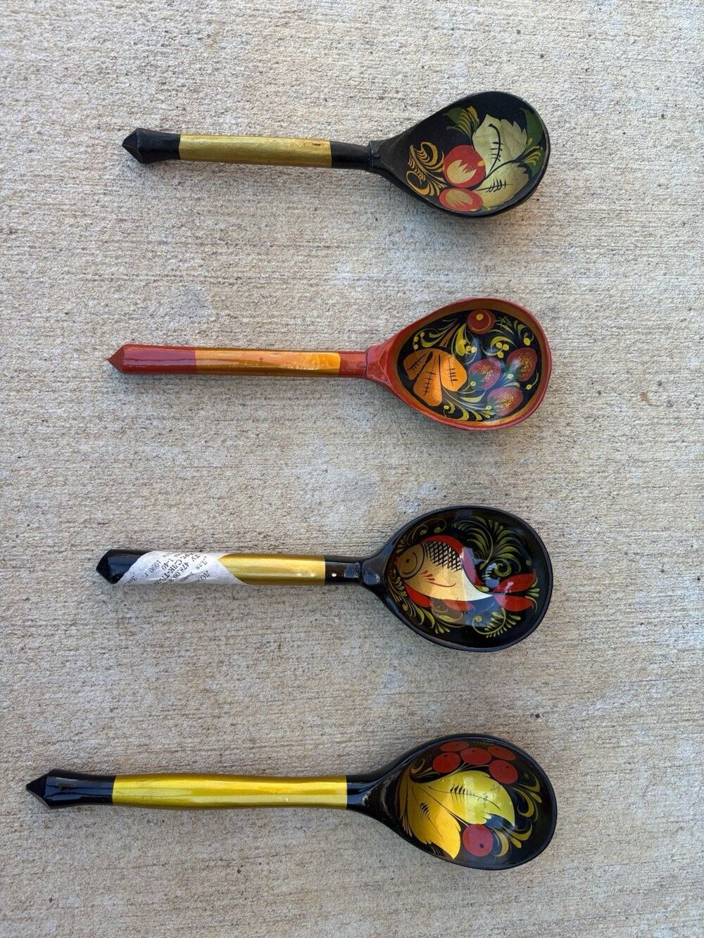 Vintage USSR Russian Khokhloma 4 Wooden Laquered Handmade Spoons Ladles